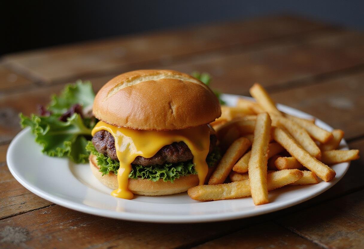 Final presentation of This Is Us Jack's Burgers showcasing delicious melted cheese and vibrant sides.