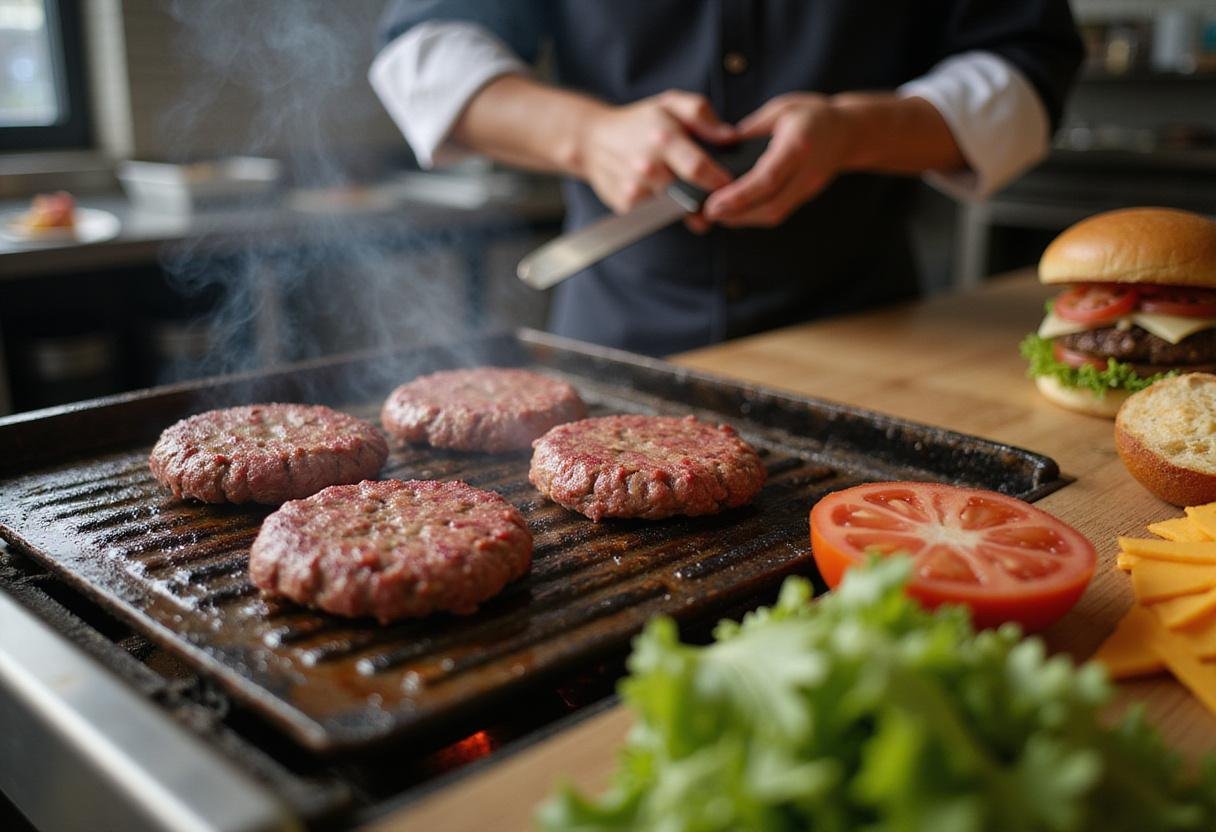 Grilling juicy burgers for This Is Us Jack's Burgers with fresh ingredients prepared.