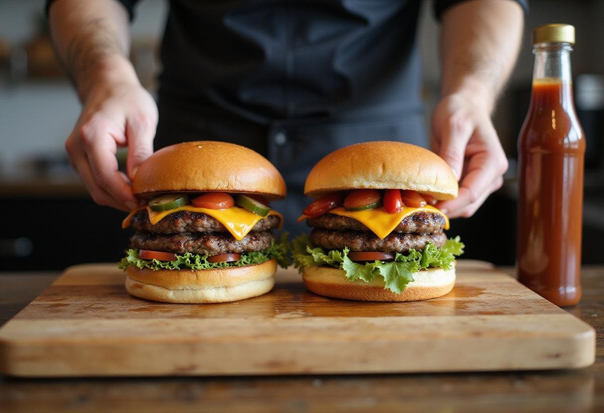Assembling This Is Us Jack's Burgers with delicious layers and toppings for a perfect meal.
