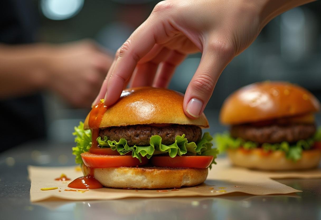 Pressing together ingredients of This Is Us Jack's Burgers to highlight the delicious layers and sauce.