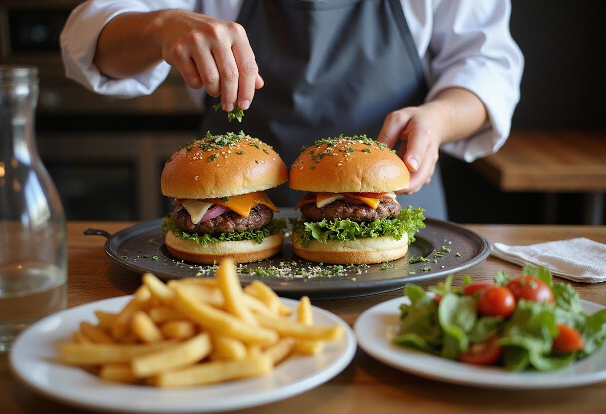 Garnishing mouth-watering This Is Us Jack's Burgers with fresh herbs and serving with fries and salad.