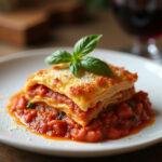 A plated slice of 'This Is Us Rebecca’s Lasagna' garnished with basil, perfect for serving and sharing with family.