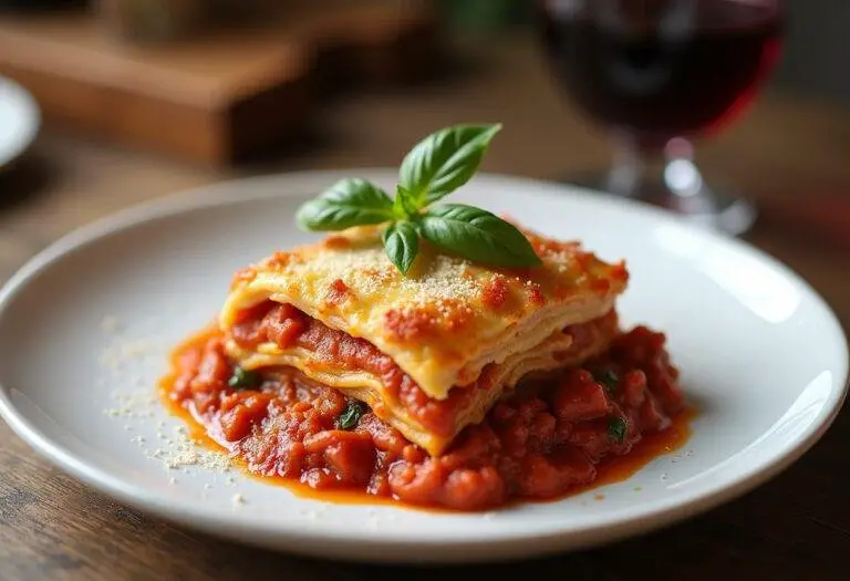 A plated slice of 'This Is Us Rebecca’s Lasagna' garnished with basil, perfect for serving and sharing with family.