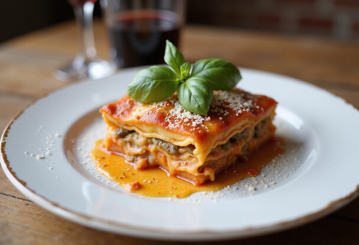 A plated slice of 'This Is Us Rebecca’s Lasagna' garnished with basil, perfect for serving and sharing with family.