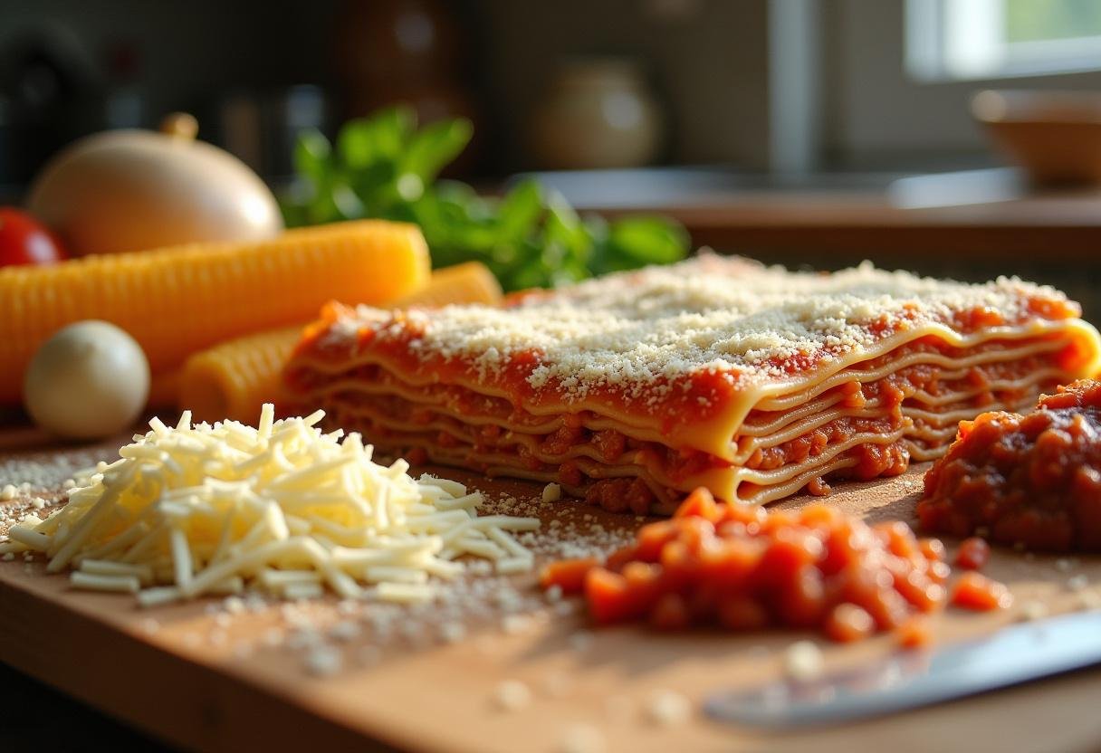 Fresh ingredients for 'This Is Us Rebecca’s Lasagna' on a kitchen countertop, featuring pasta, meat, tomato sauce, and cheese.