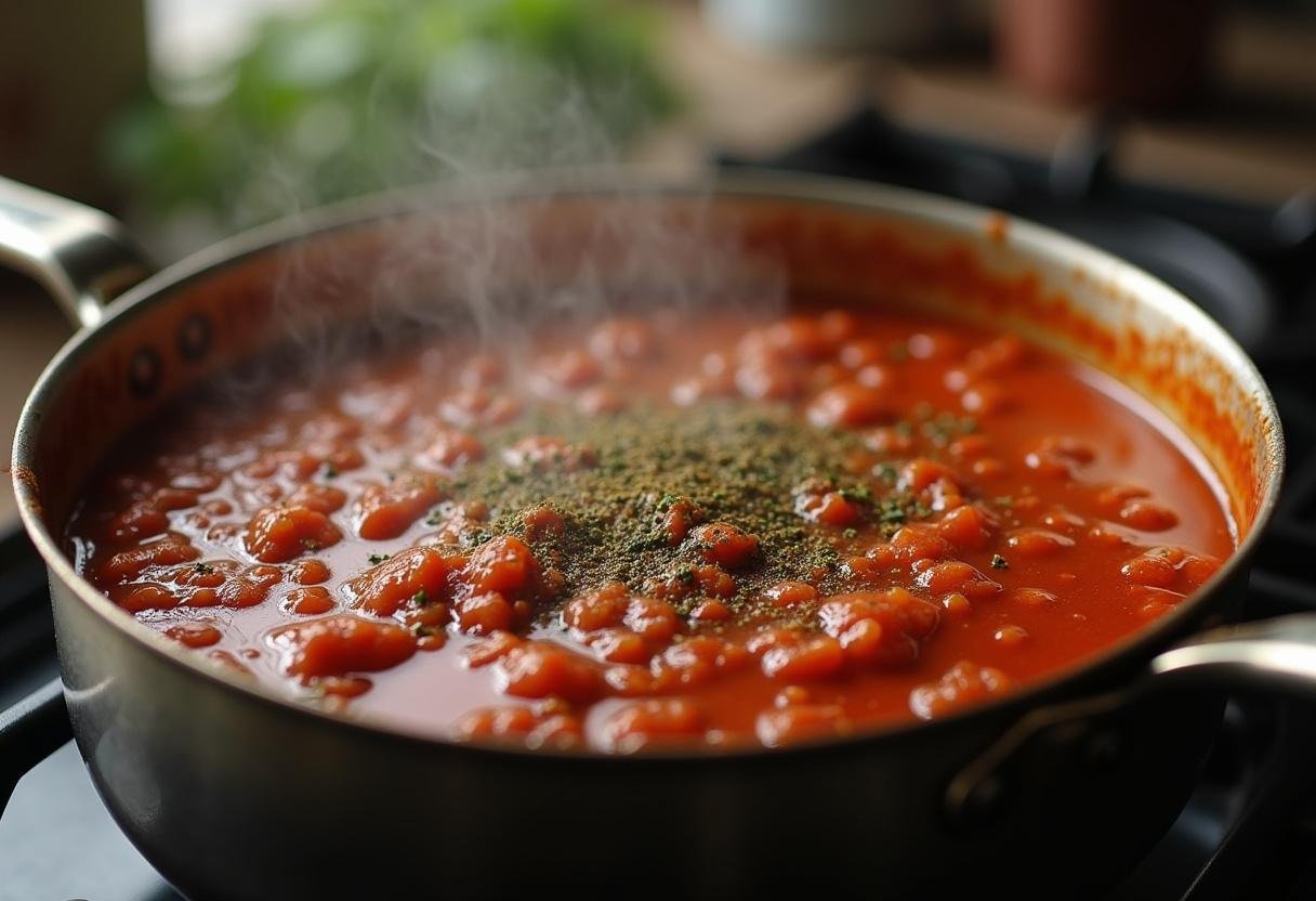 Ground meat simmering in tomato sauce for 'This Is Us Rebecca’s Lasagna', showcasing the cooking process with herbs and spices.
