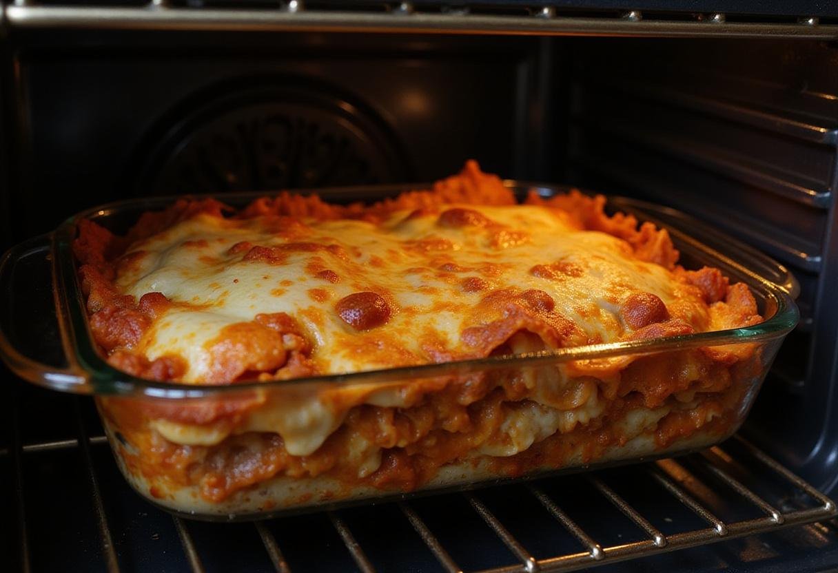 A freshly baked 'This Is Us Rebecca’s Lasagna' with golden cheese and bubbling sauce, ready to serve.