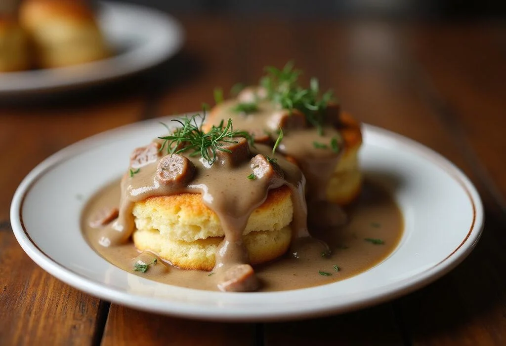 Final presentation of True Blood Biscuits and Gravy, featuring golden biscuits smothered in creamy sausage gravy, perfect for a hearty breakfast.