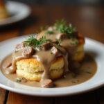 Final presentation of True Blood Biscuits and Gravy, featuring golden biscuits smothered in creamy sausage gravy, perfect for a hearty breakfast.
