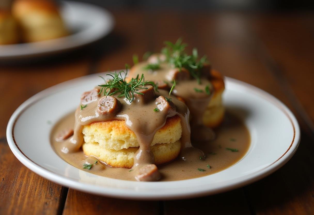 Final presentation of True Blood Biscuits and Gravy, featuring golden biscuits smothered in creamy sausage gravy, perfect for a hearty breakfast.