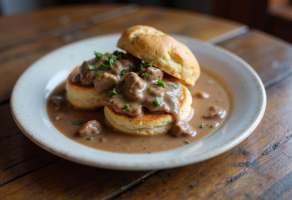 Final presentation of True Blood Biscuits and Gravy, featuring golden biscuits smothered in creamy sausage gravy, perfect for a hearty breakfast.