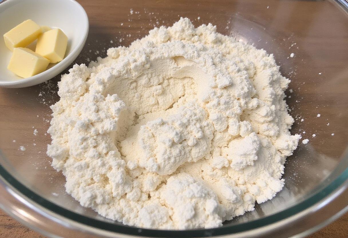Making True Blood Biscuits with flour, baking powder, salt, and cold butter for the perfect biscuit texture.