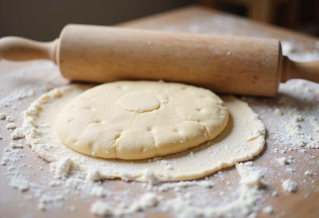 Rolling out True Blood Biscuit dough on a floured surface, preparing to cut biscuits for a savory breakfast dish.