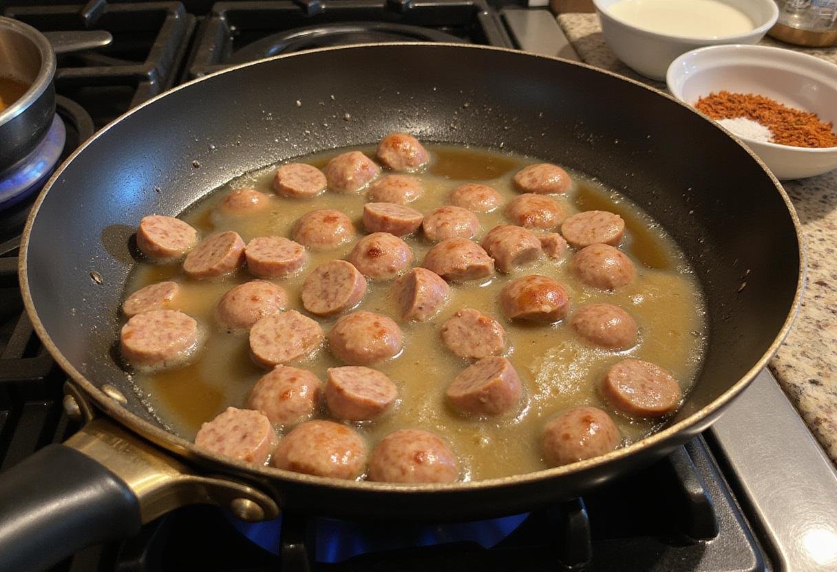 Cooking sausage in a skillet for True Blood Biscuits and Gravy, with spices and milk nearby to create a rich gravy.