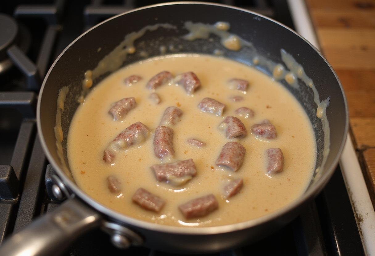 Making creamy gravy for True Blood Biscuits and Gravy, blending sausage and milk for a delicious breakfast dish.