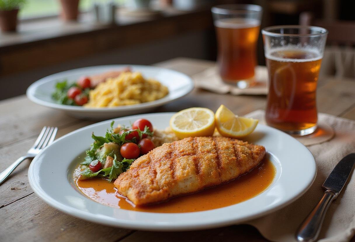 Finished True Blood Cajun Catfish served on a table, showcasing crispy fillet with sides, perfect for enjoying a delicious Cajun meal.