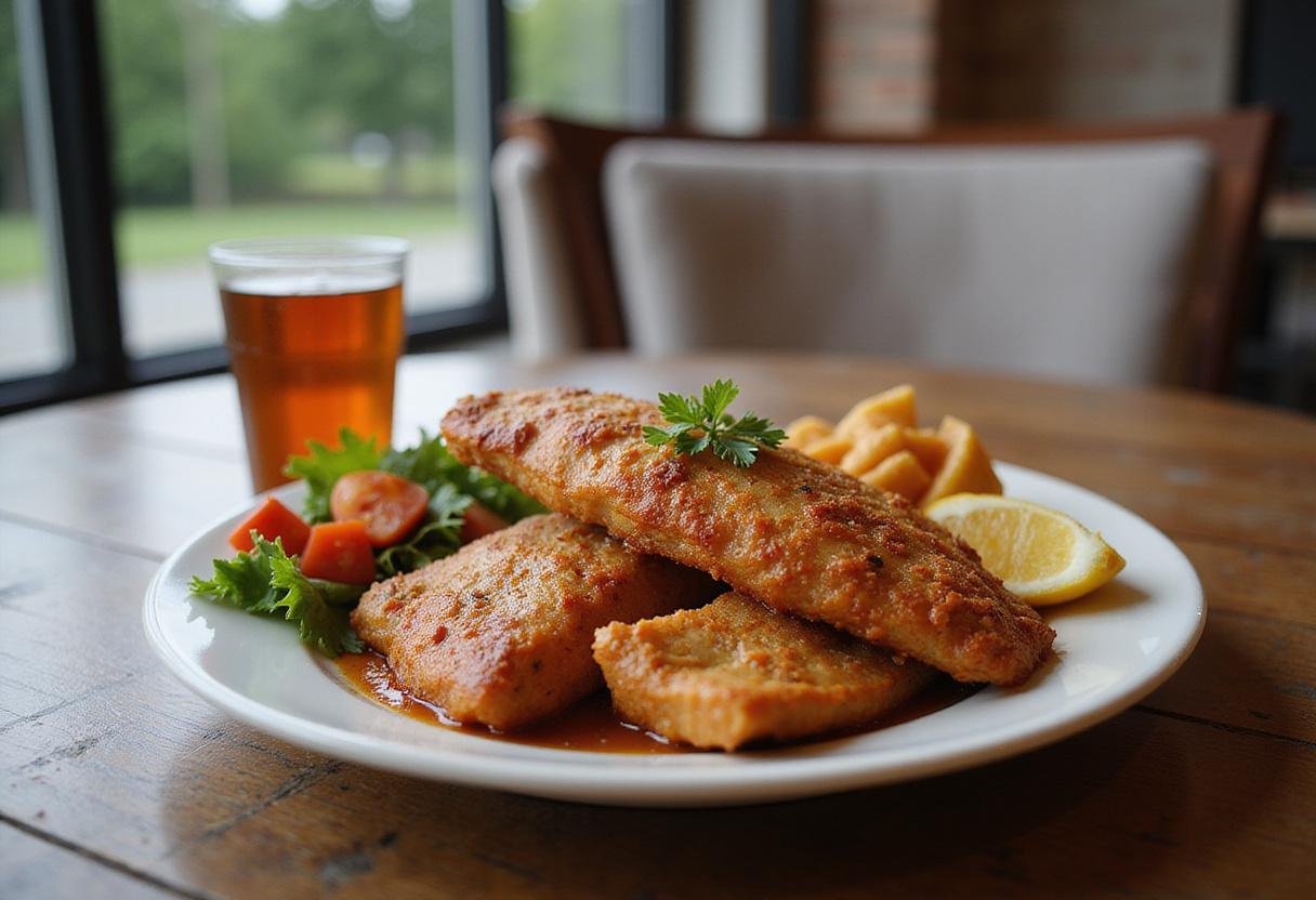 Finished True Blood Cajun Catfish served on a table, showcasing crispy fillet with sides, perfect for enjoying a delicious Cajun meal.