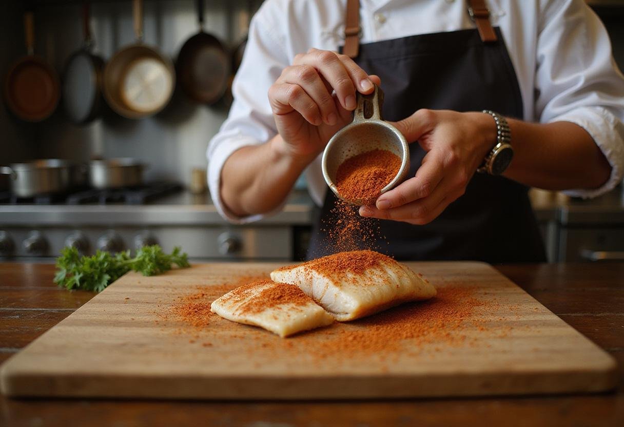 Seasoning catfish fillets with Cajun spices for a flavorful True Blood Cajun Catfish dish, showcasing the cooking process.