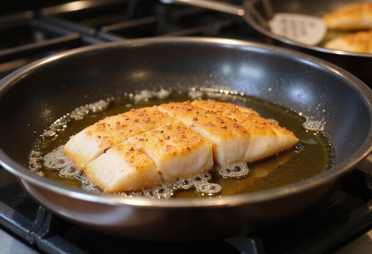 Frying Cajun seasoned catfish fillet in hot oil, highlighting the crispy texture for a mouthwatering True Blood Cajun Catfish.