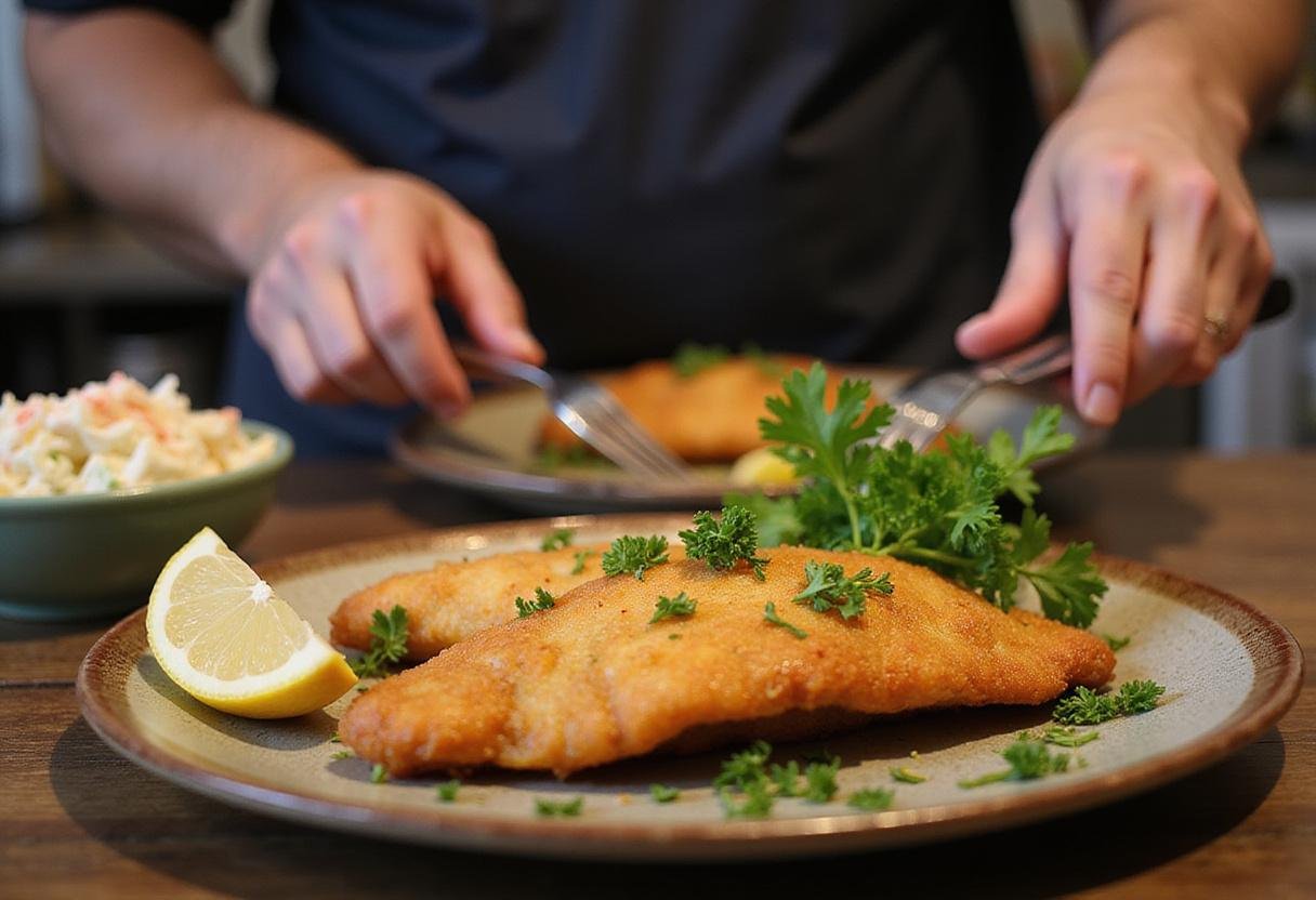 Plated True Blood Cajun Catfish fillet garnished with parsley and lemon, served with coleslaw, showcasing a delightful Cajun meal.