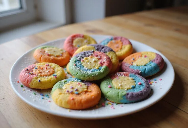 Finished Wednesday Enid's Rainbow Cookies: beautifully baked colorful cookies served on a plate, perfect for any dessert table or special occasion.