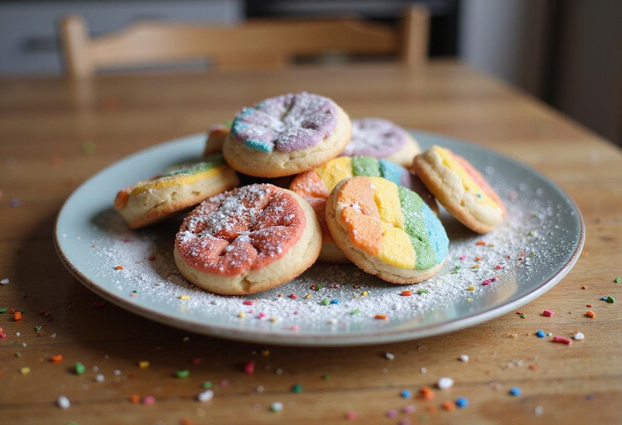 Finished Wednesday Enid's Rainbow Cookies: beautifully baked colorful cookies served on a plate, perfect for any dessert table or special occasion.