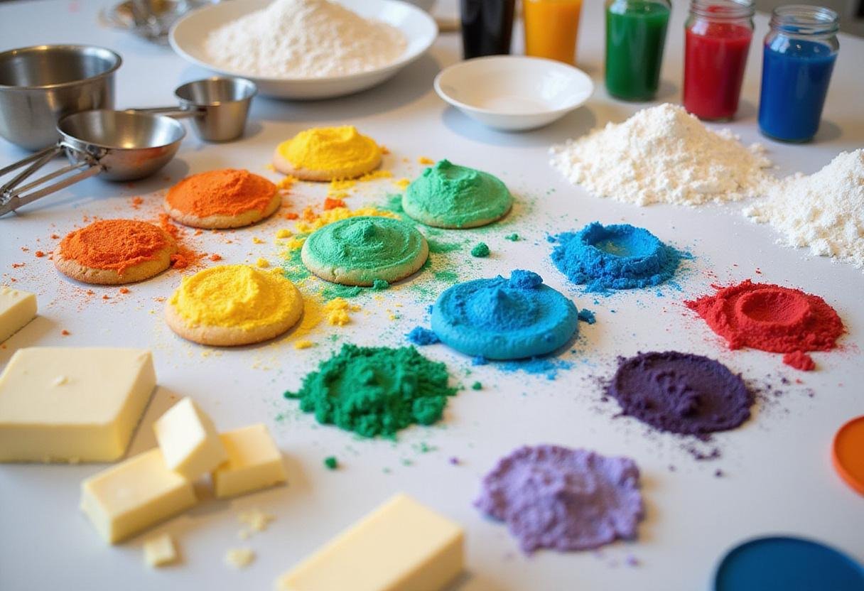 Ingredients for Wednesday Enid's Rainbow Cookies: colorful food colorings, flour, sugar, and butter set up for baking delicious rainbow treats.