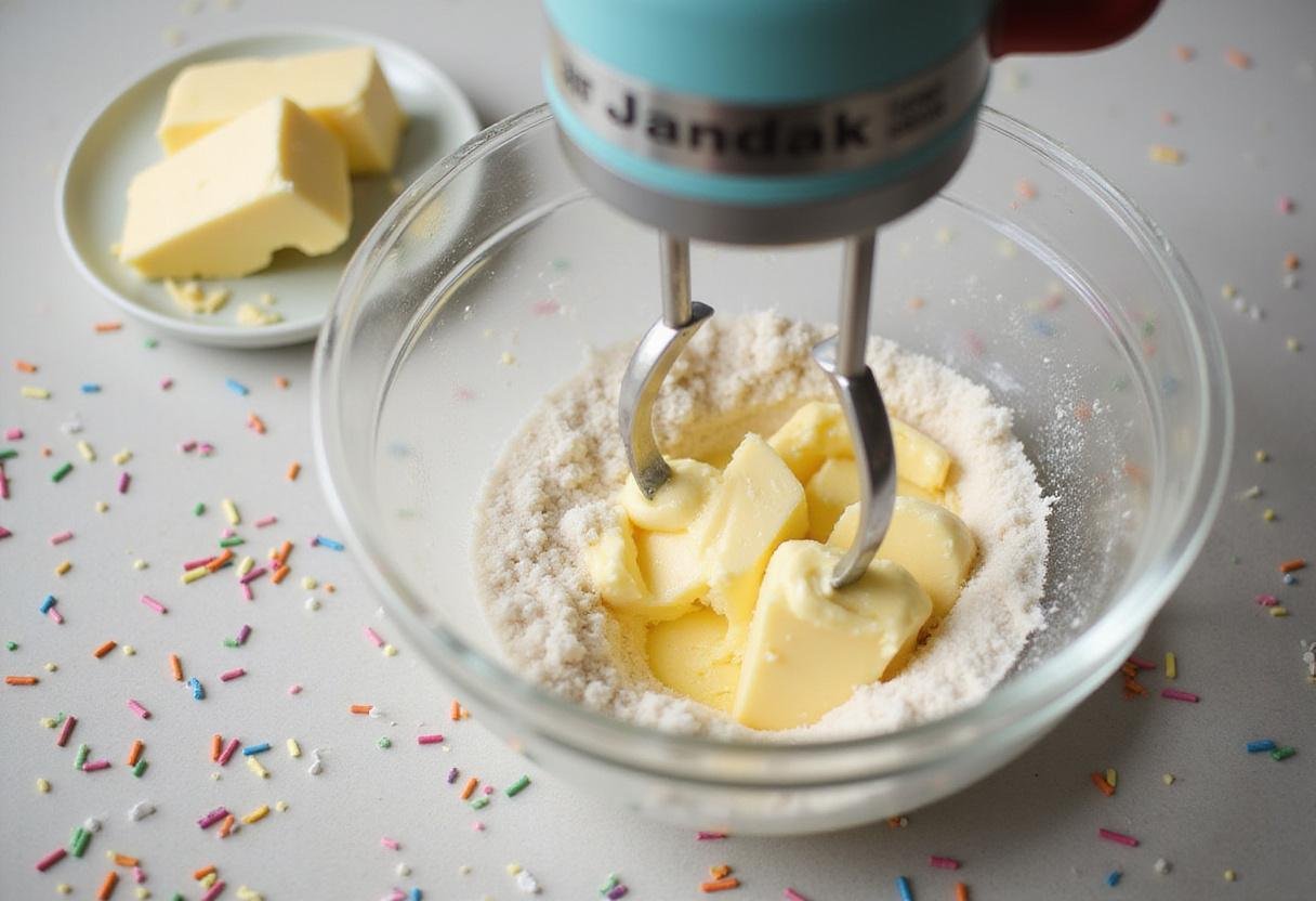 Mixing sugar and butter for Wednesday Enid's Rainbow Cookies: a vibrant baking scene with sprinkles, highlighting the joy of preparing rainbow cookies.