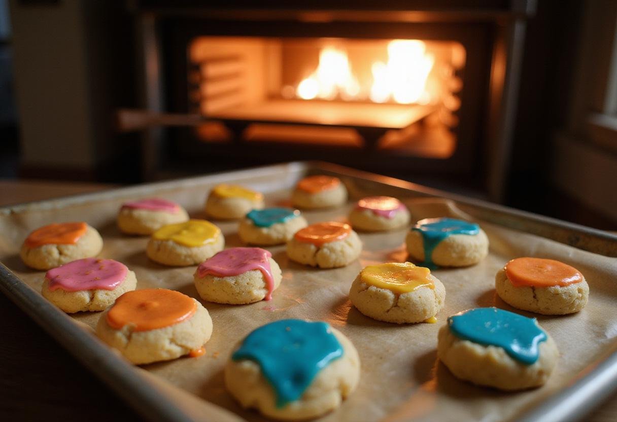 Shaped cookie dough on a tray, just before baking Wednesday Enid's Rainbow Cookies: a fun kitchen atmosphere preparing for a colorful baking experience.