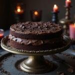 A beautifully arranged Gothic Chocolate Cake on a vintage stand, featuring dark chocolate shavings, perfect for a dramatic dessert presentation.