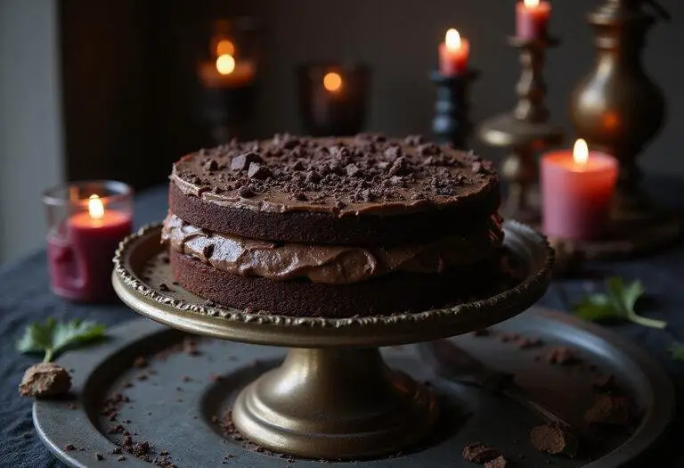 A beautifully arranged Gothic Chocolate Cake on a vintage stand, featuring dark chocolate shavings, perfect for a dramatic dessert presentation.