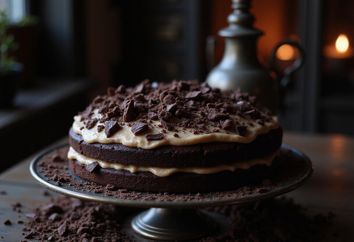 A beautifully arranged Gothic Chocolate Cake on a vintage stand, featuring dark chocolate shavings, perfect for a dramatic dessert presentation.
