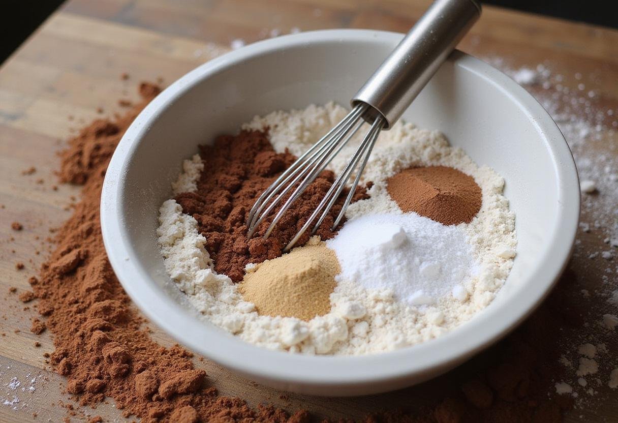 Preparing the dry ingredients for a Gothic Chocolate Cake with flour, cocoa powder, and sugar, creating a rich mixture for baking.