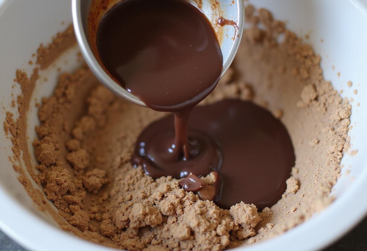 Pouring melted dark chocolate and butter into the mixing bowl, blending flavors for a delicious Gothic Chocolate Cake batter.