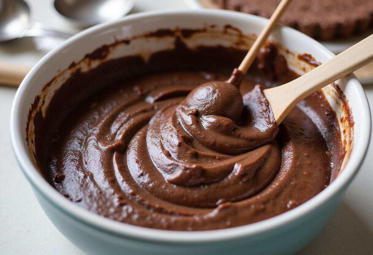 Mixing the rich chocolate batter for the Gothic Chocolate Cake, highlighting the smooth consistency and velvety texture before baking.