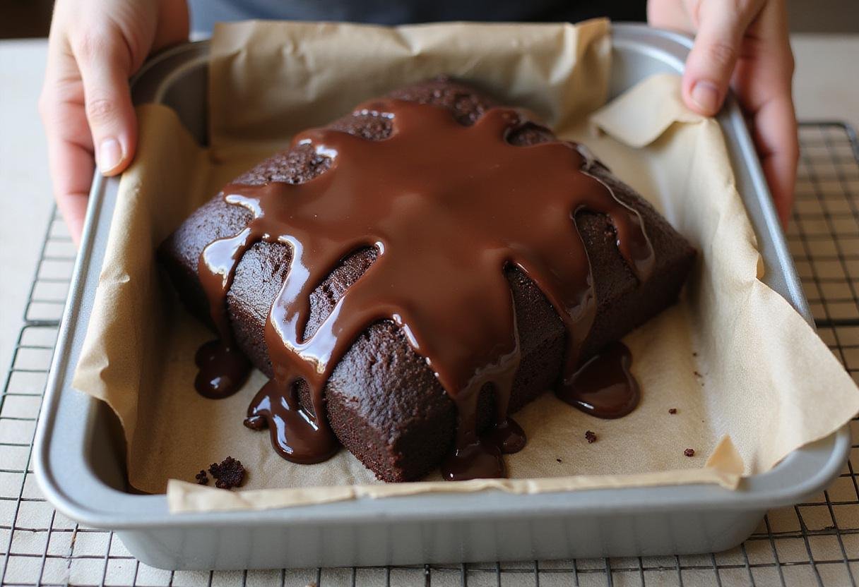 Removing the Gothic Chocolate Cake from the pan, showcasing its rich color and texture ready for delicious chocolate ganache.