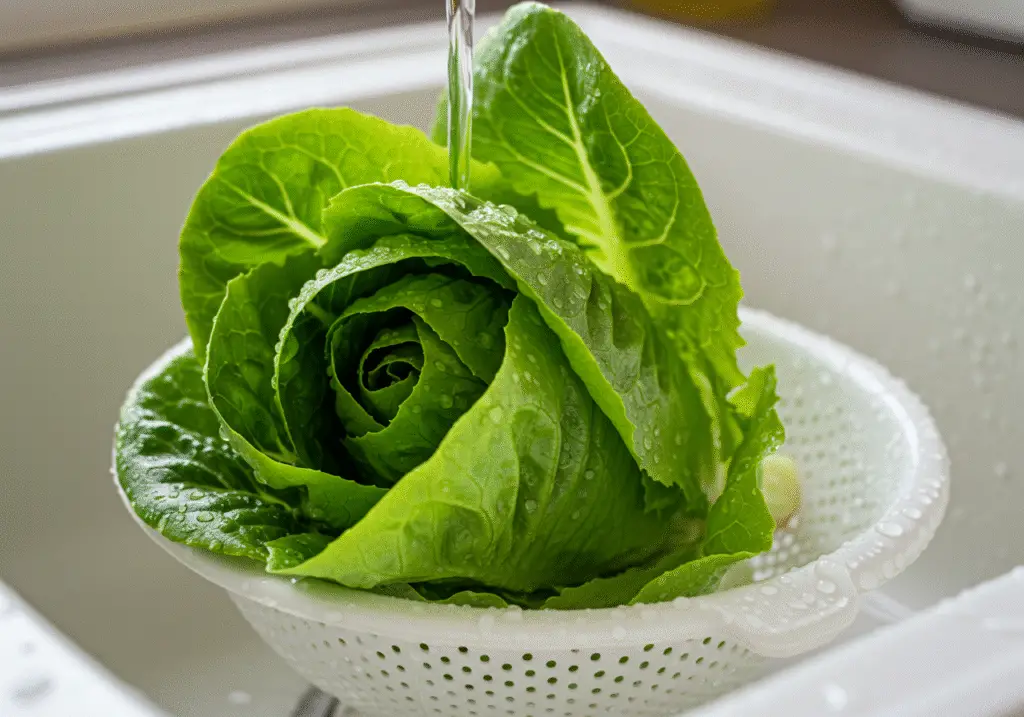 Washing fresh romaine lettuce for a delicious Breaking Bad BLT sandwich.
