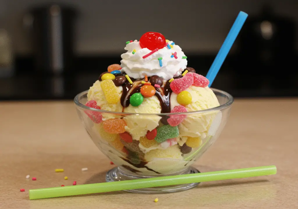 Decorated ice cream bowl for Breaking Bad dessert, ready for presentation.