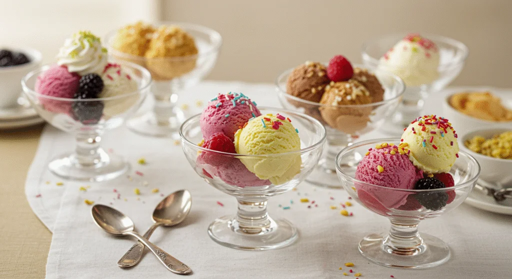 A delightful finishing touch for a Brooklyn Nine-Nine Ice Cream Party, showcasing scoops of homemade ice cream with an array of toppings on a decorative dessert table.