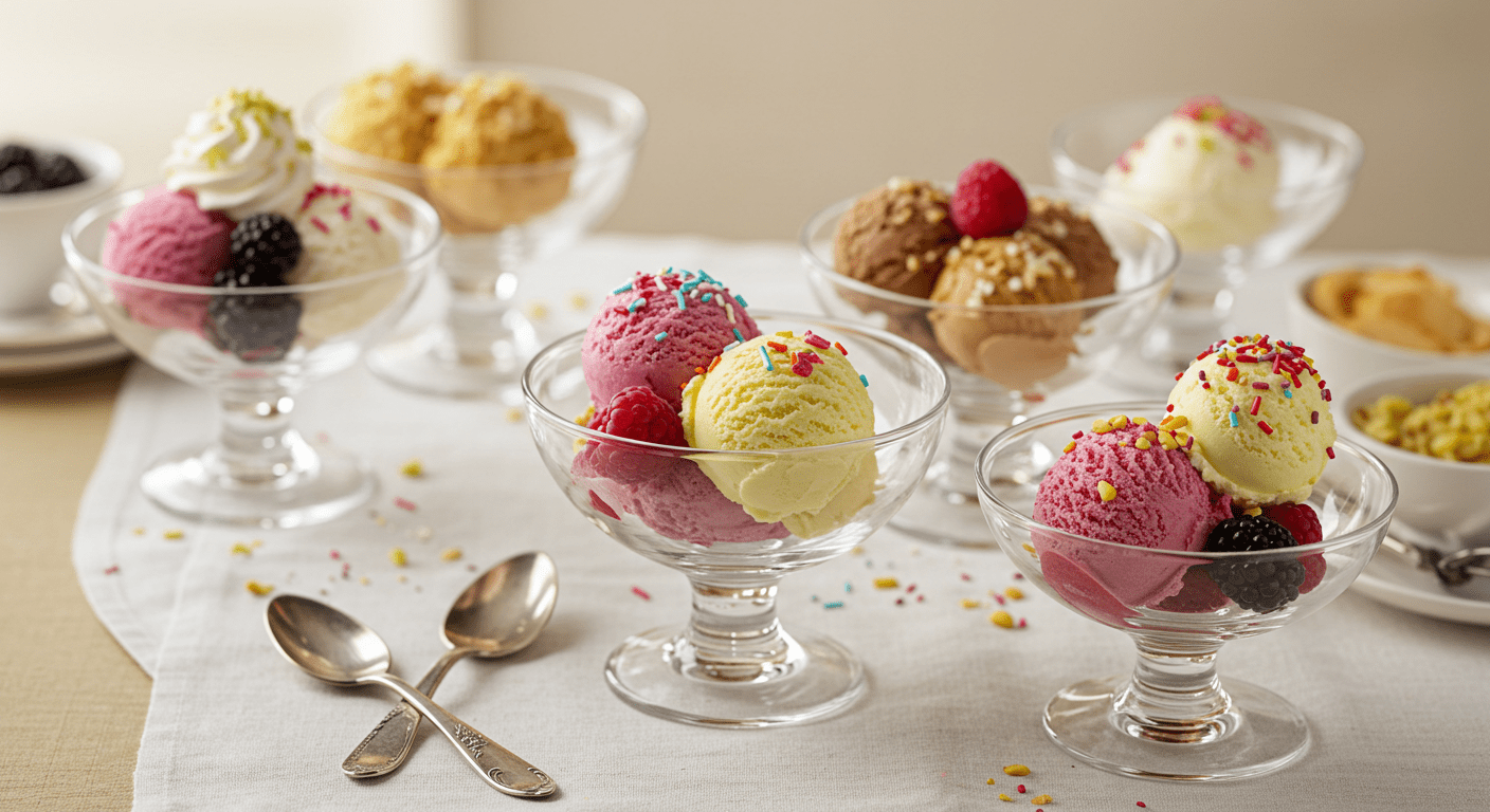 A delightful finishing touch for a Brooklyn Nine-Nine Ice Cream Party, showcasing scoops of homemade ice cream with an array of toppings on a decorative dessert table.