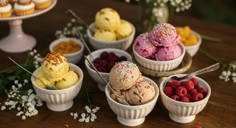 A delightful finishing touch for a Brooklyn Nine-Nine Ice Cream Party, showcasing scoops of homemade ice cream with an array of toppings on a decorative dessert table.