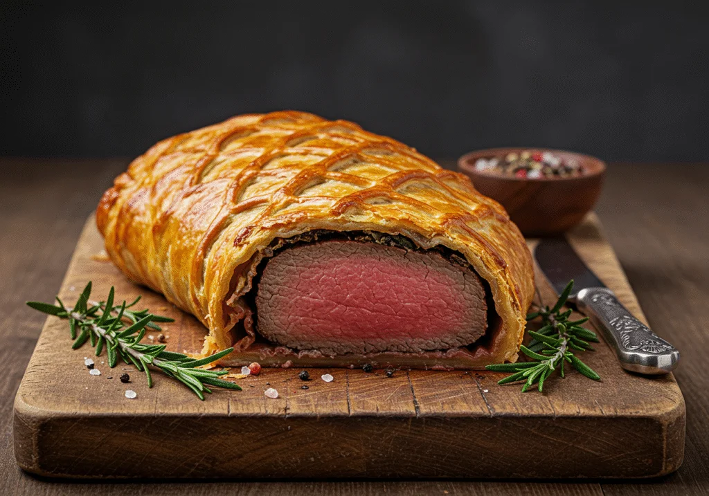 A stunning presentation of Downton Abbey Beef Wellington on a wooden board, highlighting the golden crust and enticing filling for a formal dinner.