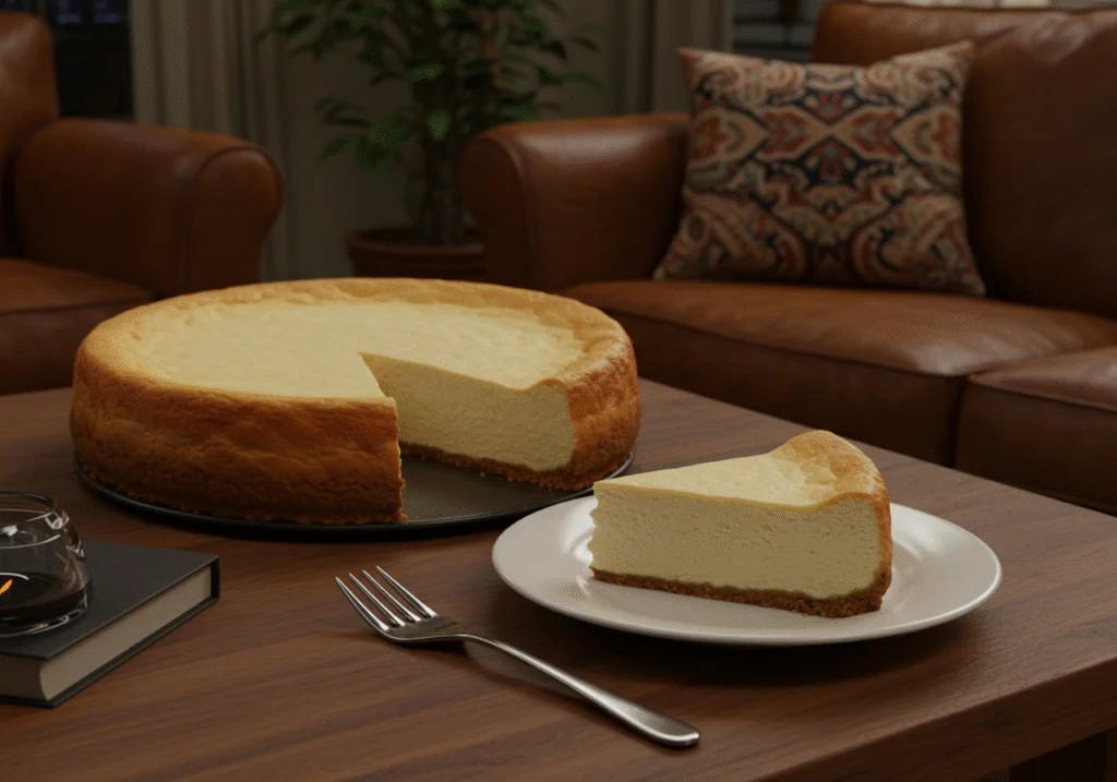 Friends Chandler's Stolen Cheesecake served as a New York cheesecake on a plate in Chandler's apartment, capturing the cozy sitcom setting.