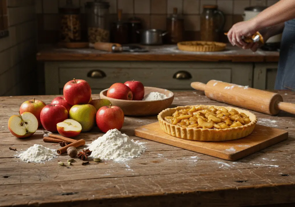 Ingredients for Game of Thrones apple tarts including apples, flour, and spices on a wooden table, engaging baker environment.