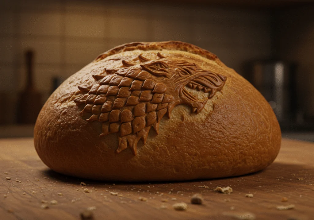 Game of Thrones Hot Pie's direwolf bread baked and displayed on a rustic table, inspired by the show’s medieval setting.