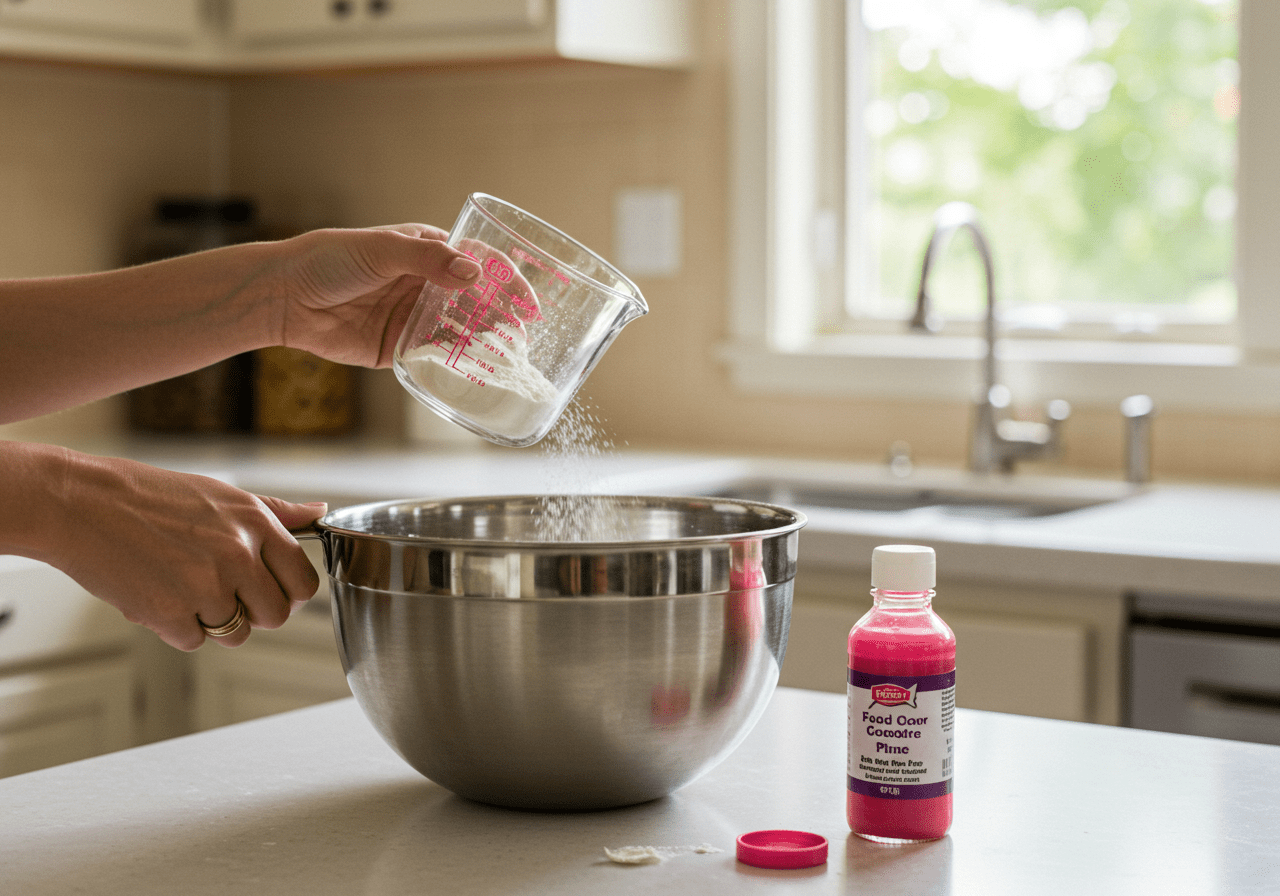 Creating Gossip Girl Pink Cupcakes with flour and pink food coloring in a bright kitchen.