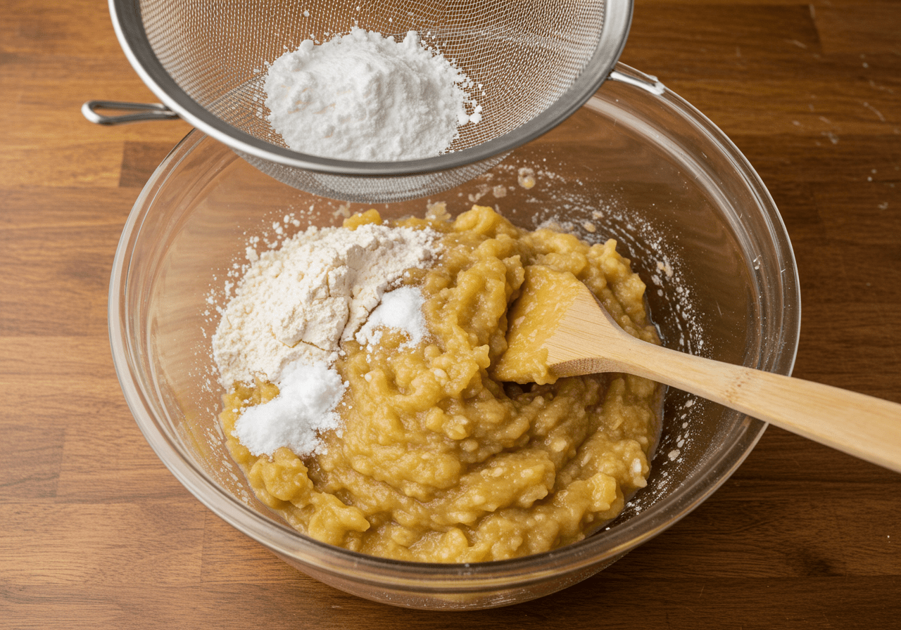 Sifting dry ingredients for Bailey's Banana Bread, illustrating the preparation stage of the recipe.