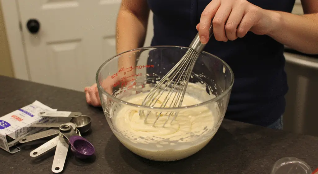 Whisking chocolate ice cream mixture for Cristina's recipe from Grey's Anatomy in a well-equipped kitchen.