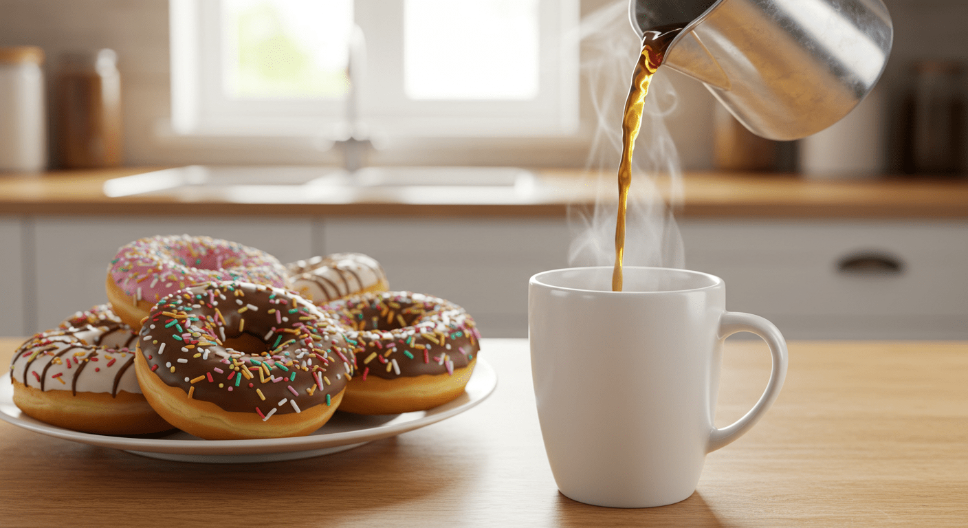 Grey’s Anatomy O.R. coffee being poured into a mug in a bright kitchen, paired with delicious donuts for a perfect breakfast.