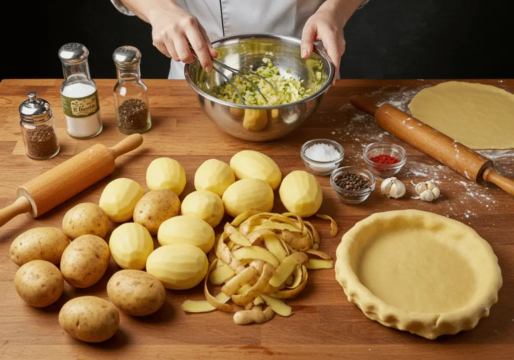 Preparing potatoes and seasonings for Harry Potter Meat and Potato Pie, chef mixing ingredients on a rustic kitchen countertop.